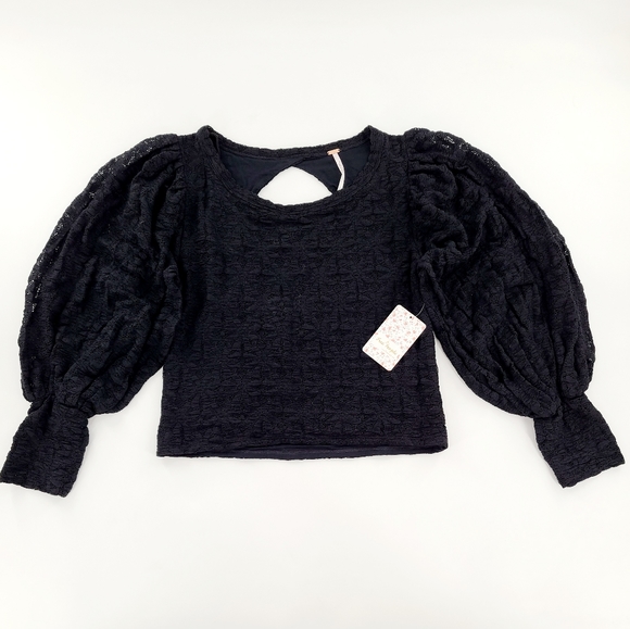 FREE PEOPLE Tea Time Balloon Sleeve Lace Top Women Size L Black NWT - Picture 1 of 7